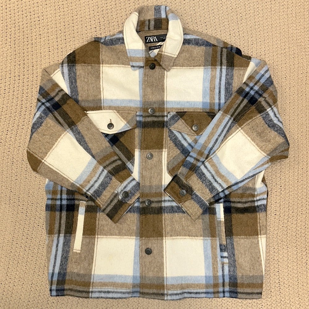 Zara Oversized Plaid Blue/Brown/Tan Overcoat